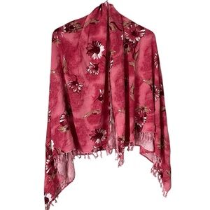 Koko Knot Pink Red Floral Fringed Rayon Scarf Wrap Sarong 60" x 80"